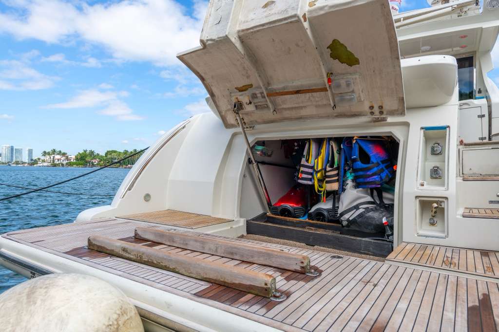 The water toy garage open on the swim platform of Samba Sol